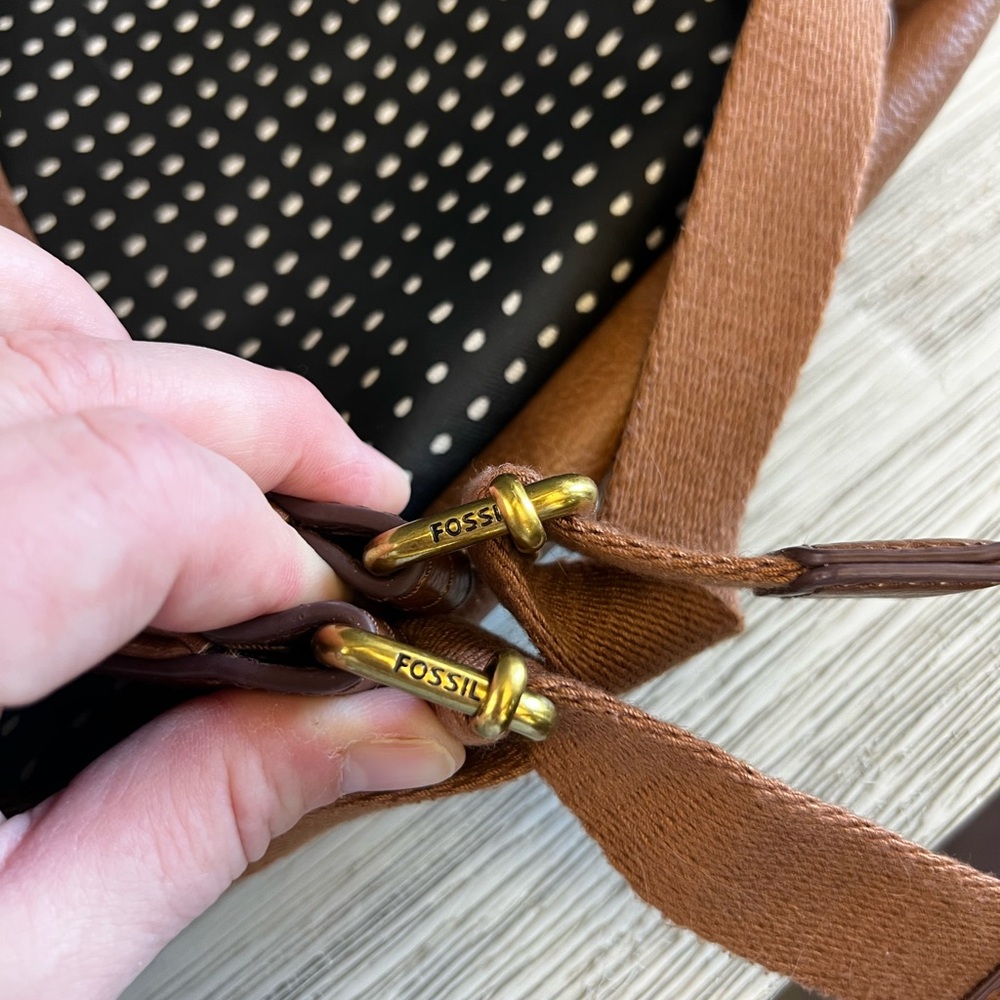 Fossil Black and White Polka Dot Backpack with Brown Accents - Picture 10 of 14